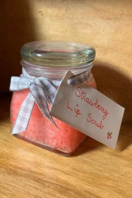 Natural Organic Strawberry Lip Scrub-organic-food safe-skincare-exfoliating scrub-pink lip products-spa items-girls day
